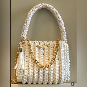 Off White Crochet Bag with Gold Chain by